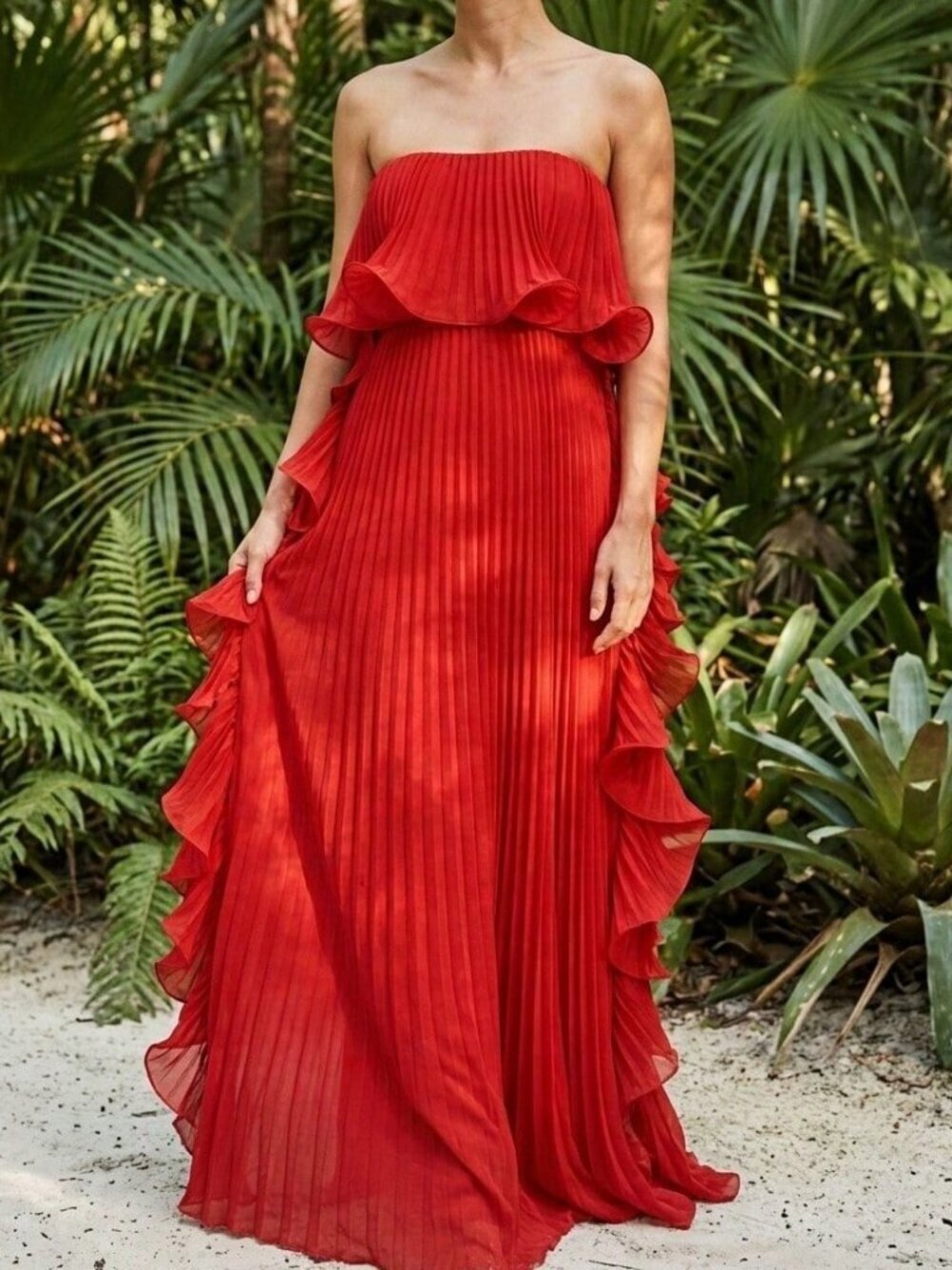 Red Elegant Women's Strapless Pleated Maxi Dress with Ruffle Trim Boho Vacation